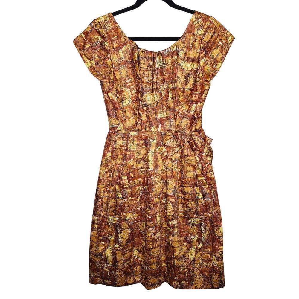 Vintage 50's Cap Sleeve Dress Bow Faux Wrap Earthy Fall Abstract Print Smallf